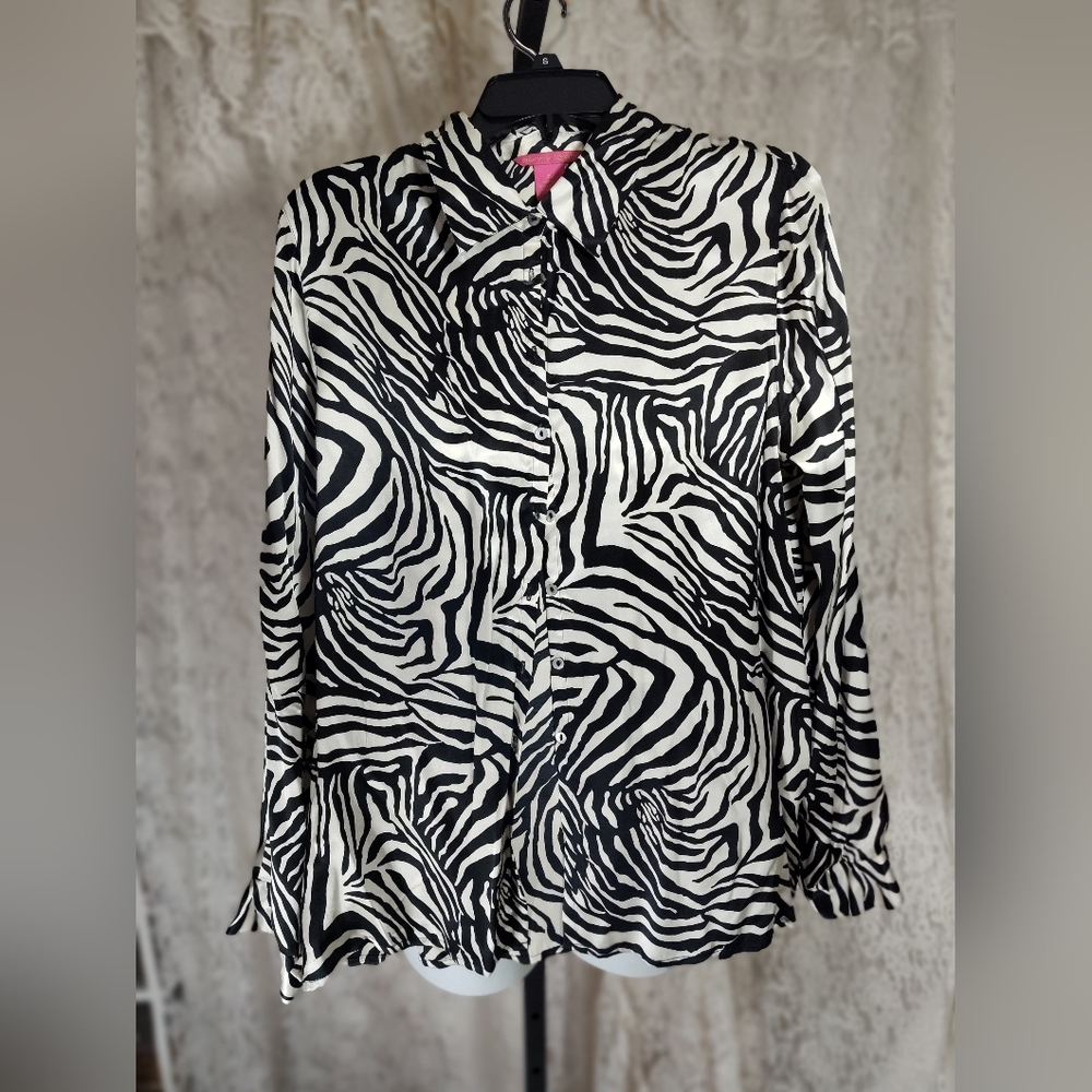 Sunny Leigh Black and White Silk Zebra Print Button Down Blouse